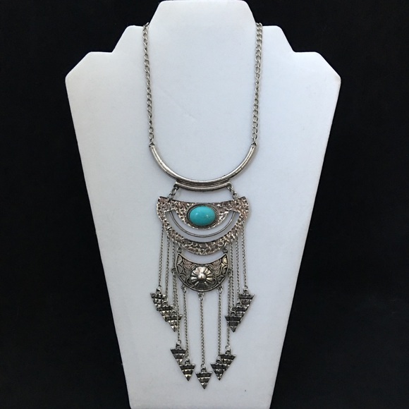 Turquoise Silver Metal Statement Choker Necklace - Picture 2 of 4
